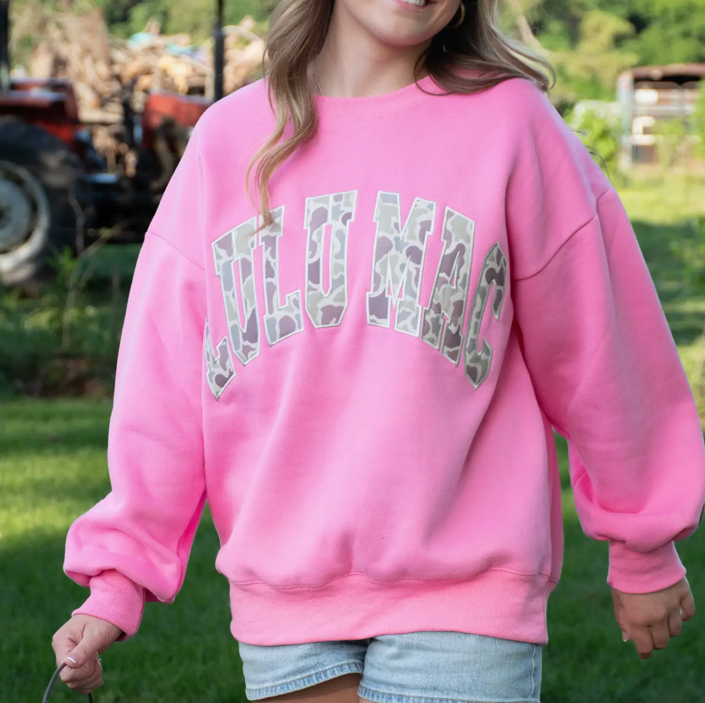 Pink Lulu Mac Sweatshirt with Camo Print Lettering