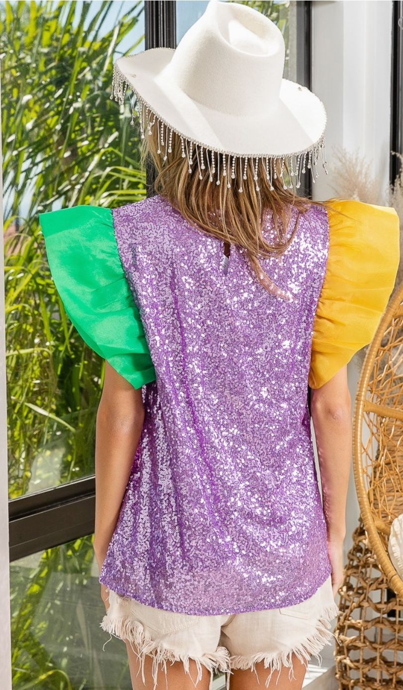 Gold, Green, and Purple Torso Sequin Color Block Top with Organza Puff Sleeve