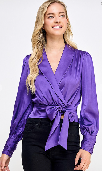 Long Sleeve Royal Purple V- Neck Top with Bow Tie Wrap