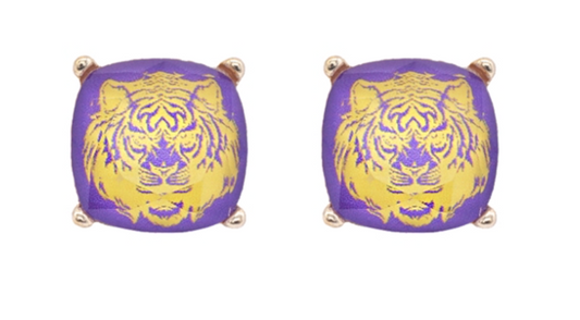 1/2" Small Tiger Head Purple & Gold Stud Post Earrings
