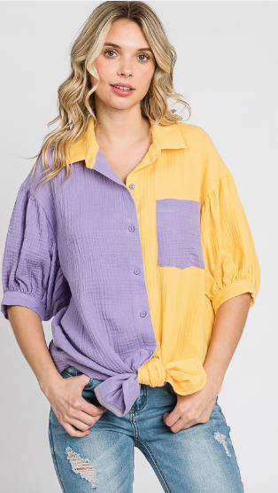 Purple and Yellow Color Block Puff Sleeve Button Shirt Dress Tunic