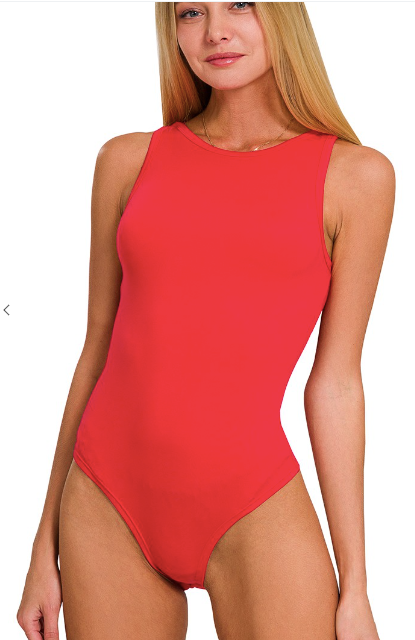 RED BOAT NECK SLEEVELESS BODYSUIT
