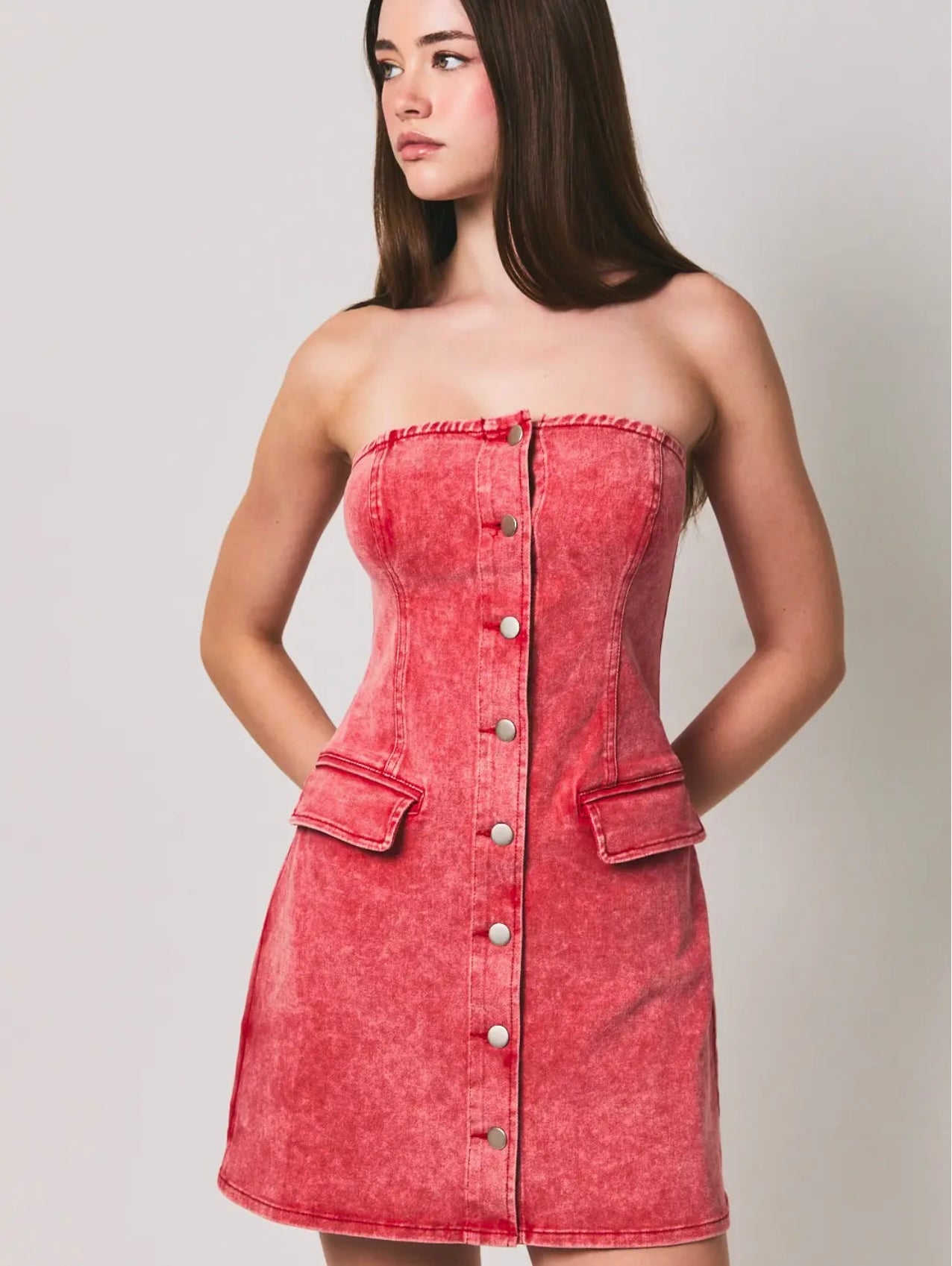 Red Strapless Button Down Denim Mini Dress