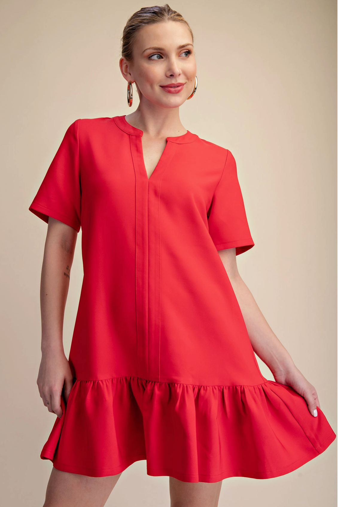 Red V-Neck Drop Waist Flare Hem Mini Dress
