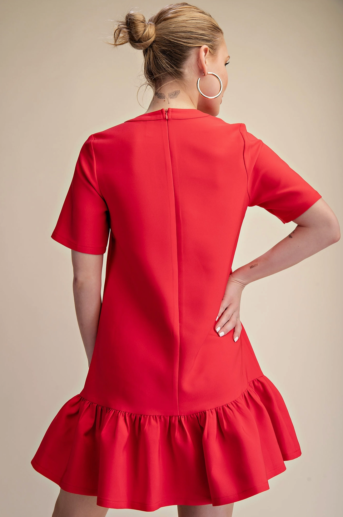Red V-Neck Drop Waist Flare Hem Mini Dress