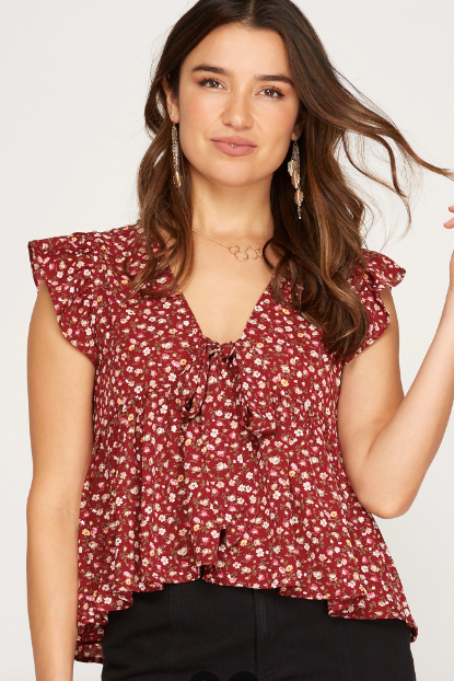 Floral Garnet Red Flutter Sleeve Bow Peplum Top
