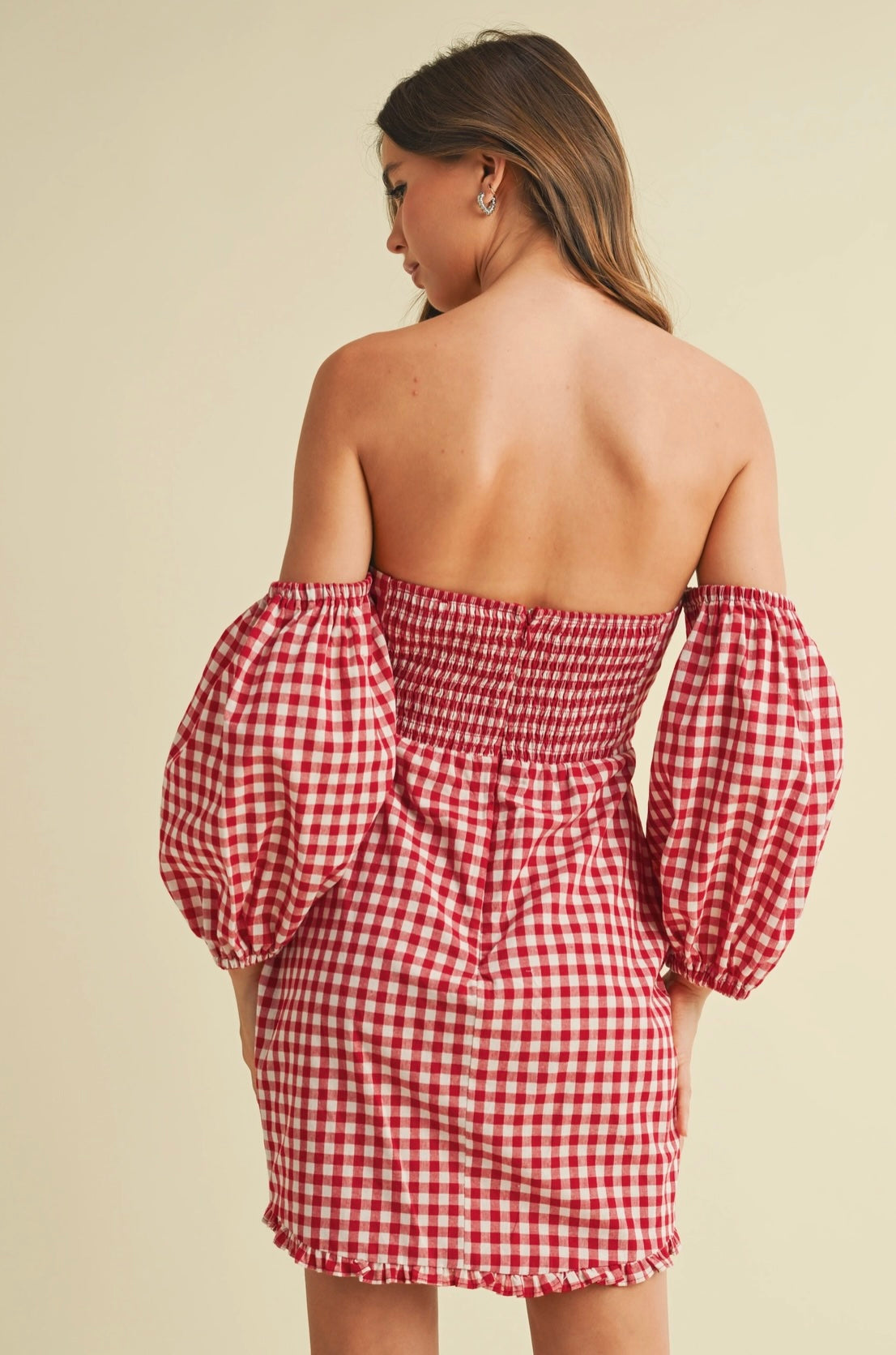 Red Gingham Off the Shoulder Puff Sleeve Mini Dress