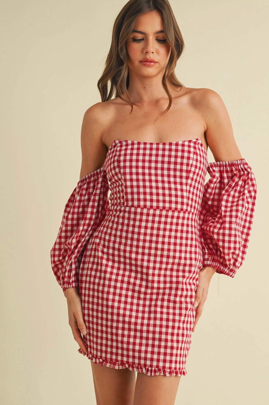 Red Gingham Off the Shoulder Puff Sleeve Mini Dress