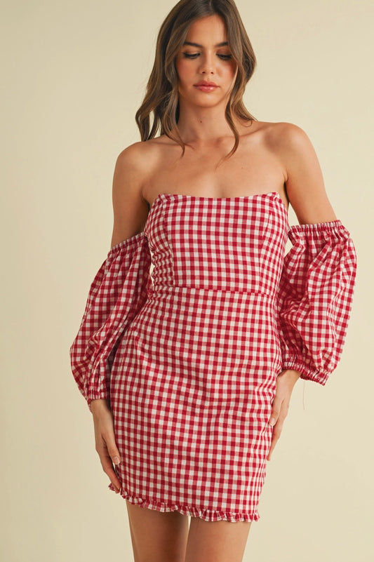 Red Gingham Off the Shoulder Puff Sleeve Mini Dress
