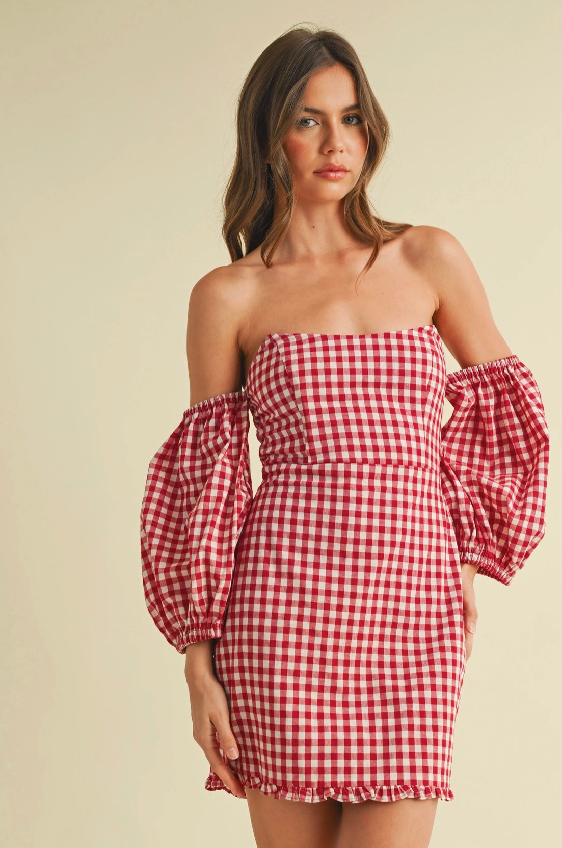 Red Gingham Off the Shoulder Puff Sleeve Mini Dress