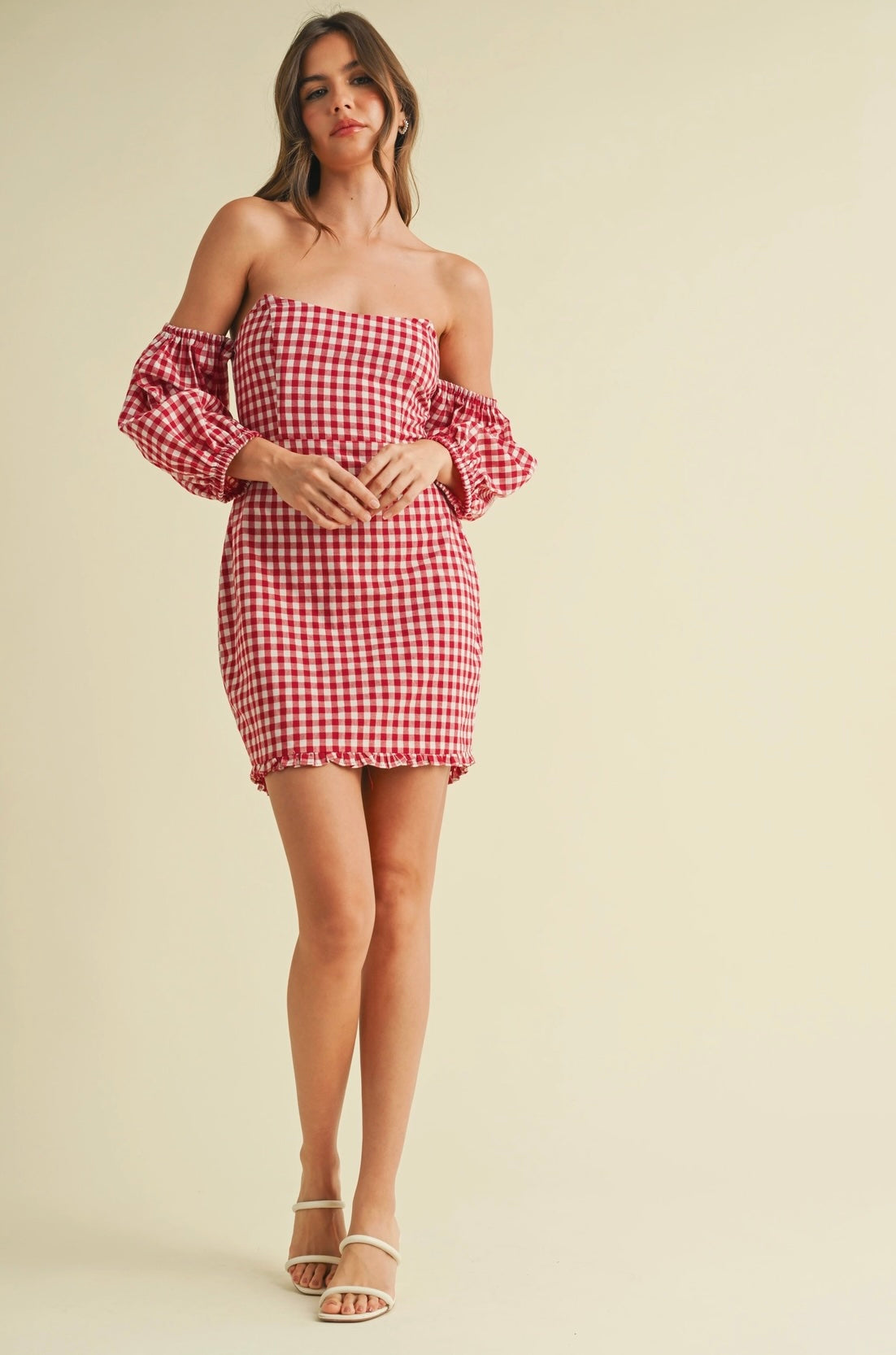 Red Gingham Off the Shoulder Puff Sleeve Mini Dress