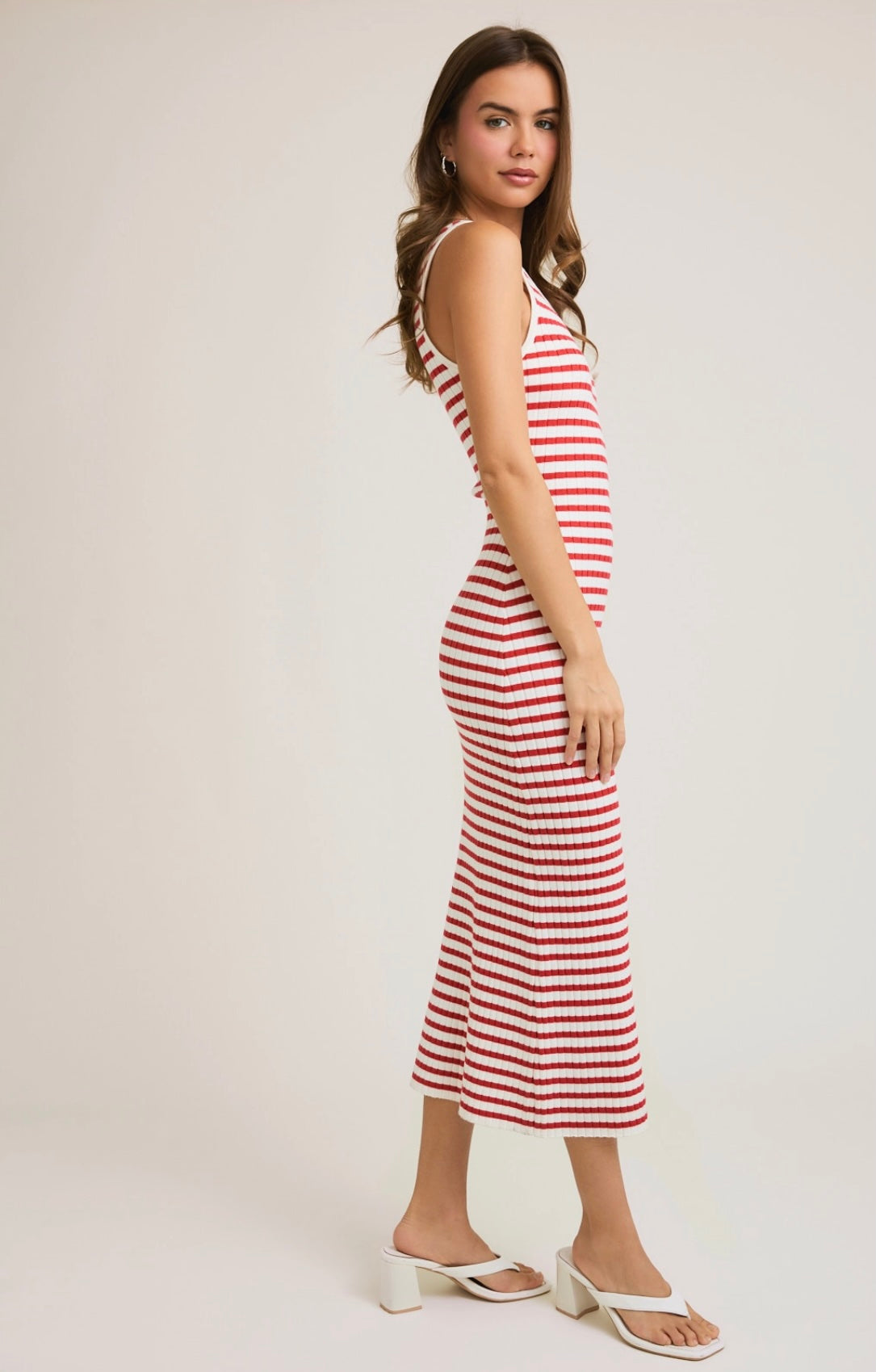 Red and White Sleeveless Round Neck Striped Rib Sweater Dress