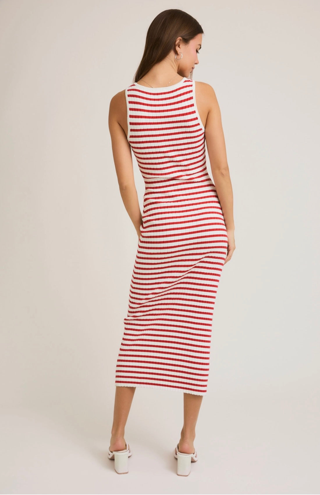 Red and White Sleeveless Round Neck Striped Rib Sweater Dress