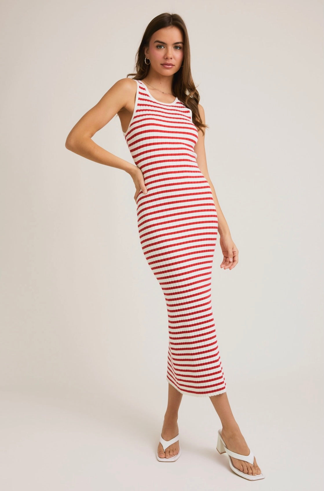 Red and White Sleeveless Round Neck Striped Rib Sweater Dress