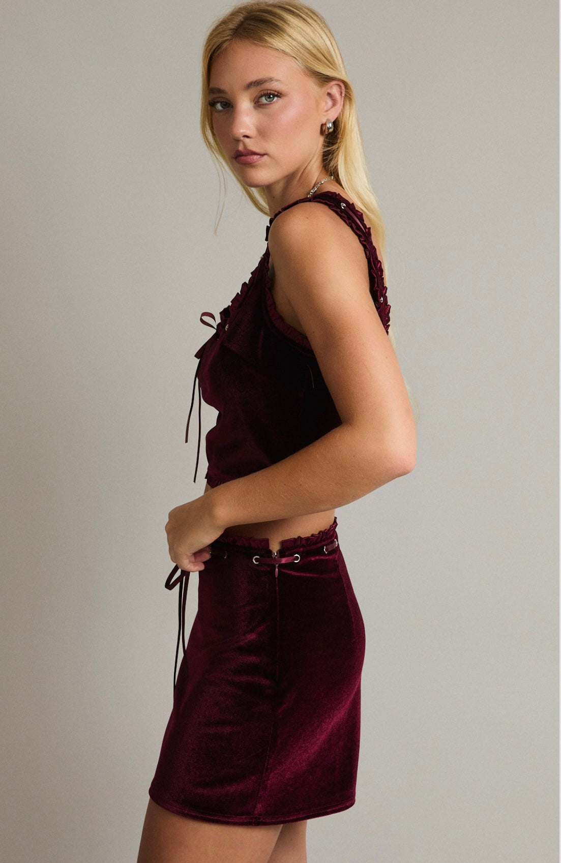 Deep Red Velvet Ribbon Trim Mini Skirt and Crop Set