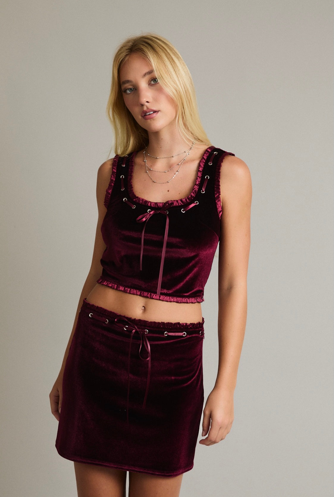 Deep Red Velvet Ribbon Trim Mini Skirt and Crop Set