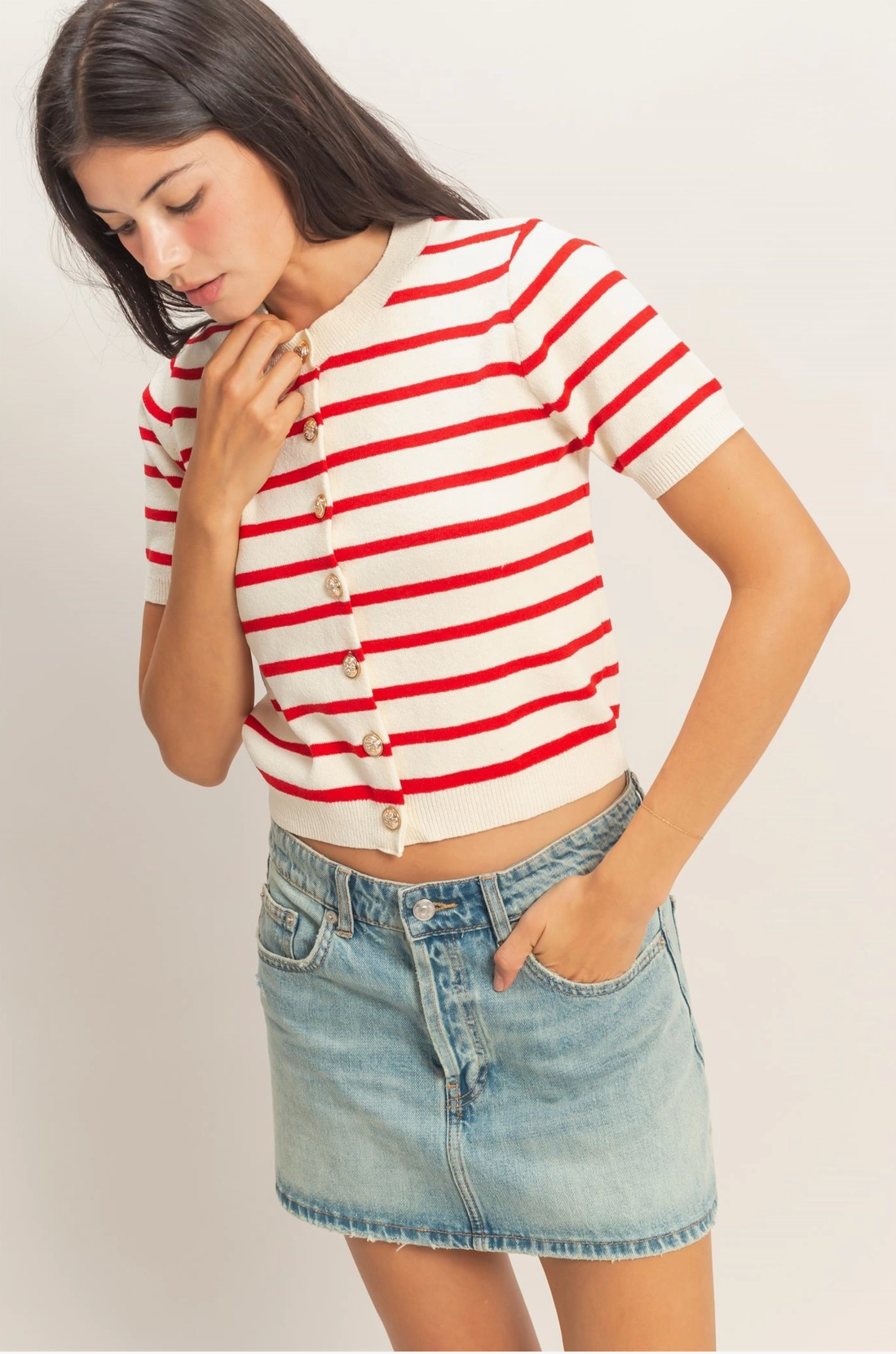 Short Sleeve Red and Off White Cardigan with Gold Buttons