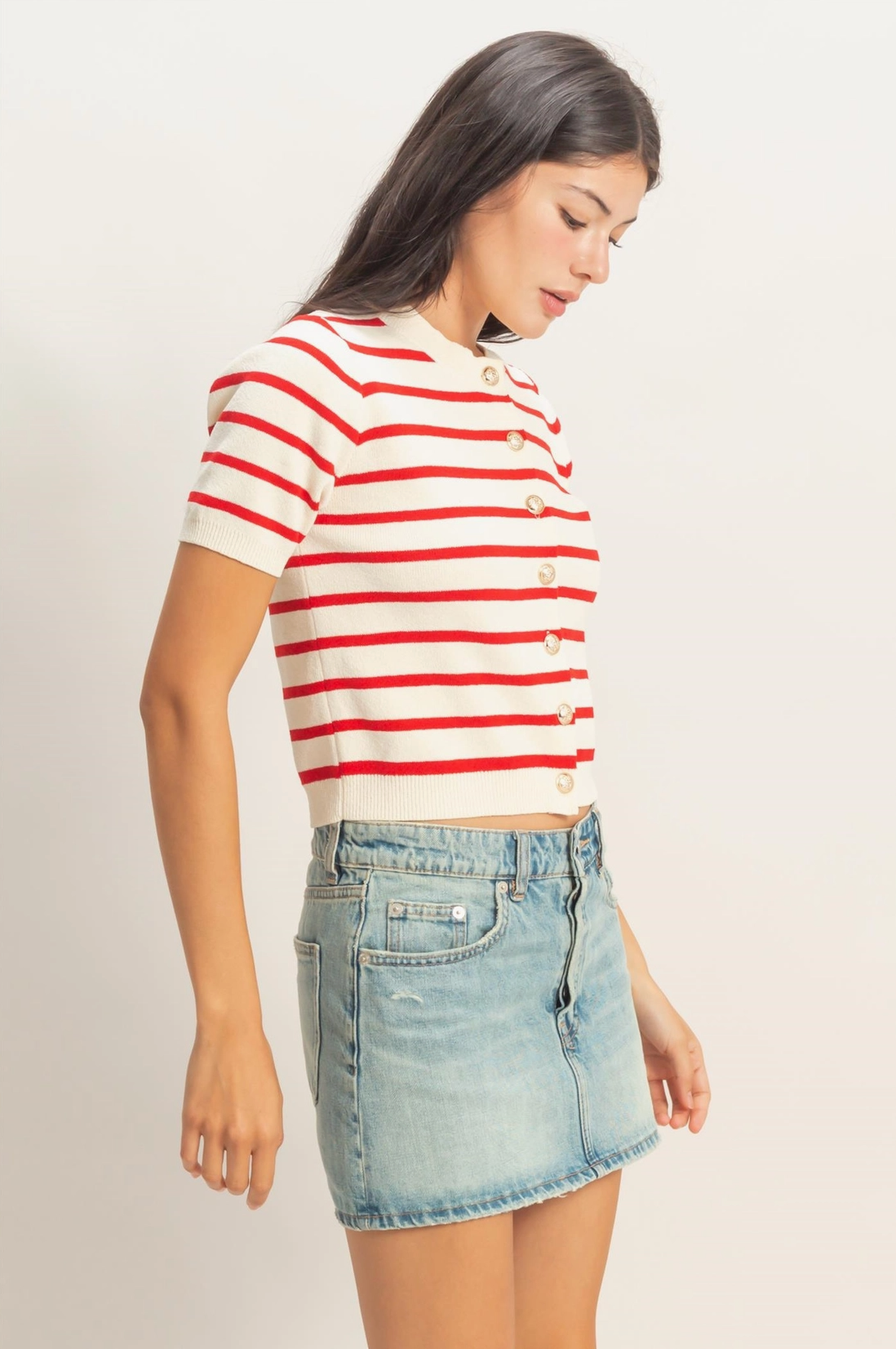 Short Sleeve Red and Off White Cardigan with Gold Buttons