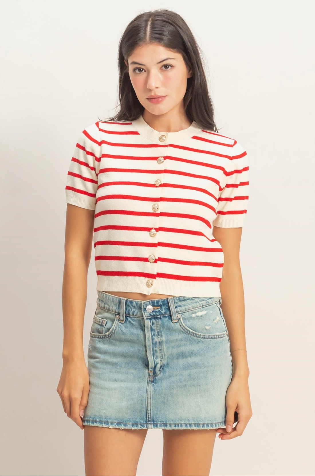 Short Sleeve Red and Off White Cardigan with Gold Buttons