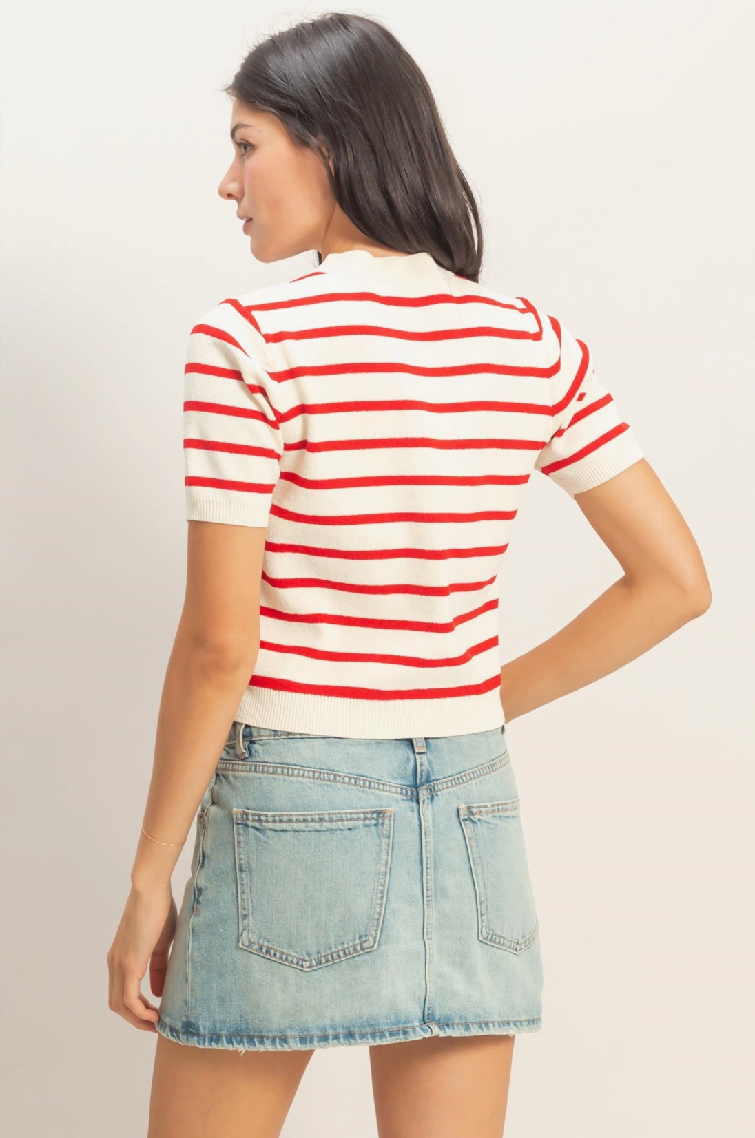 Short Sleeve Red and Off White Cardigan with Gold Buttons