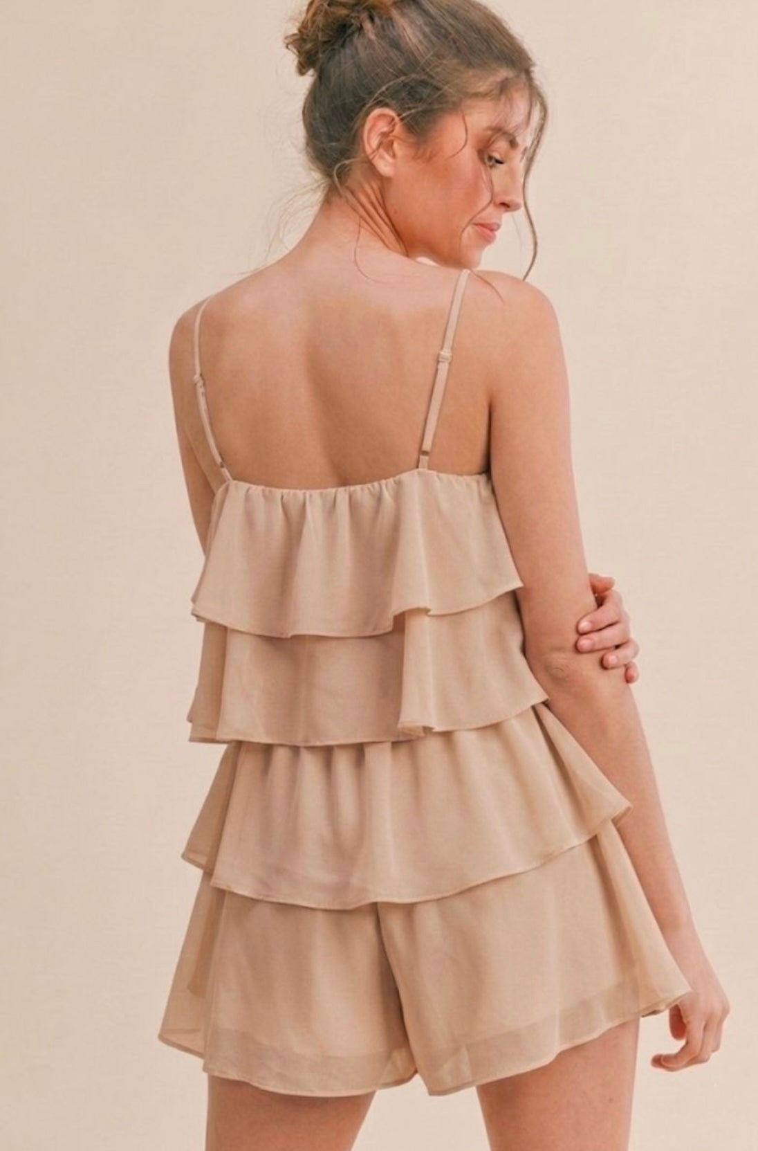 Nude Tiered Ruffle V Neck Romper
