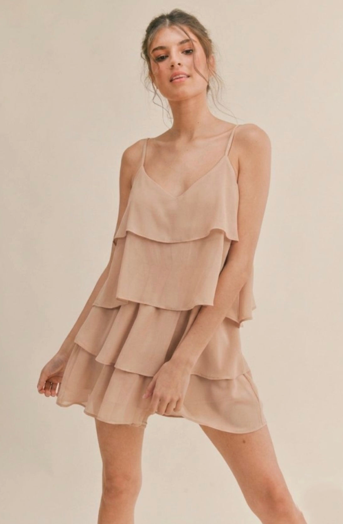 Nude Tiered Ruffle V Neck Romper