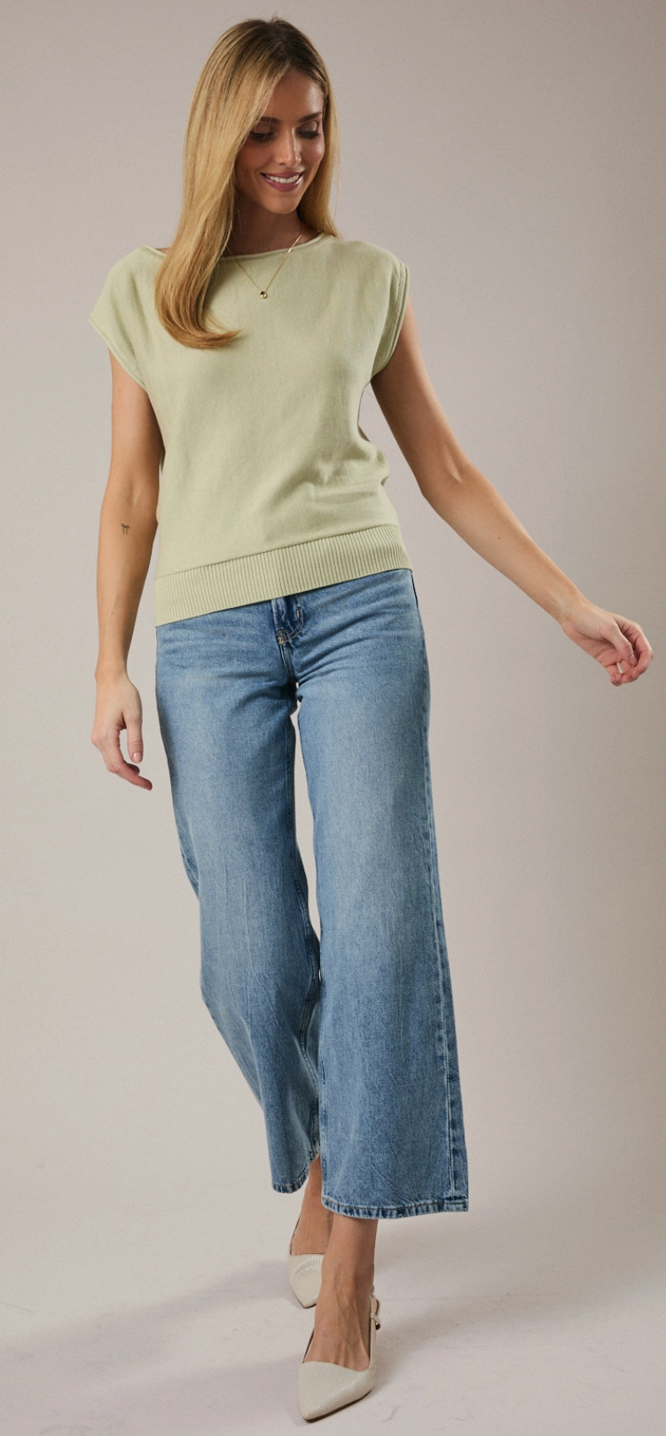 Sage Green Boat Neck Wide Shoulder Knit Sweater Top