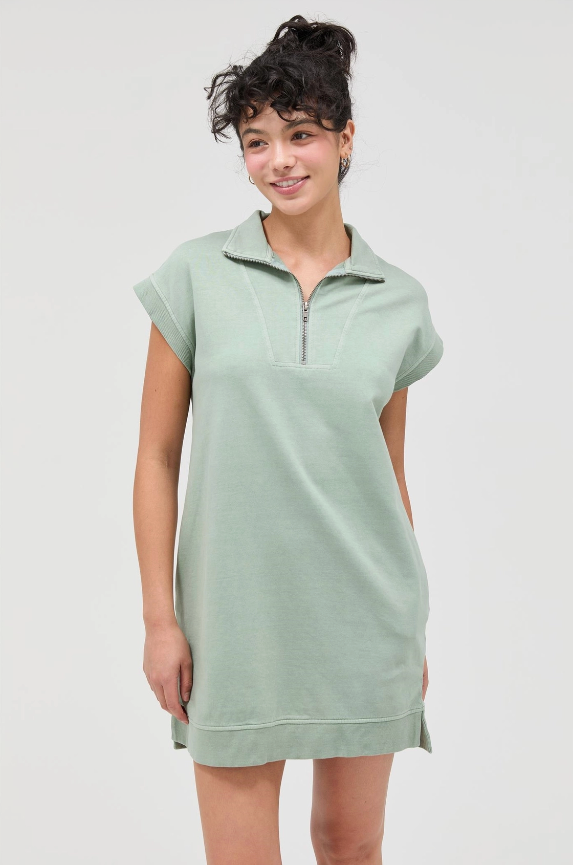 Sage Green Half Zip Up Mock Neck Mini Dress