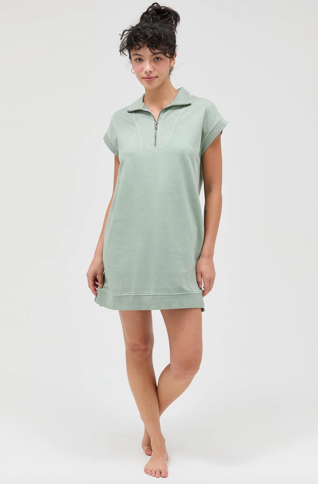 Sage Green Half Zip Up Mock Neck Mini Dress