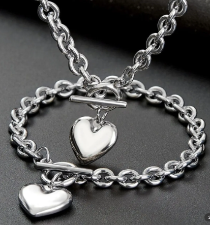 20" Fashion Silver Heart Pendant Toggle Necklace and Bracelet Set