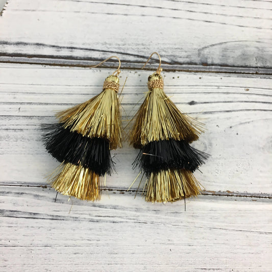2 Inch Metallic Black & Gold Tassel Earrings