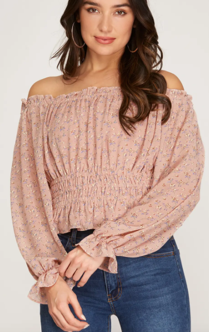 Long Sleeve Off the Shoulder Blush Floral Print Top