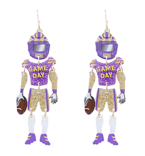 2.75" Game Day Purple and Gold Football Player Dangle Earrings