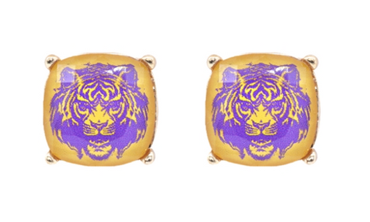 1/2" Small Tiger Head Purple & Gold Stud Post Earrings