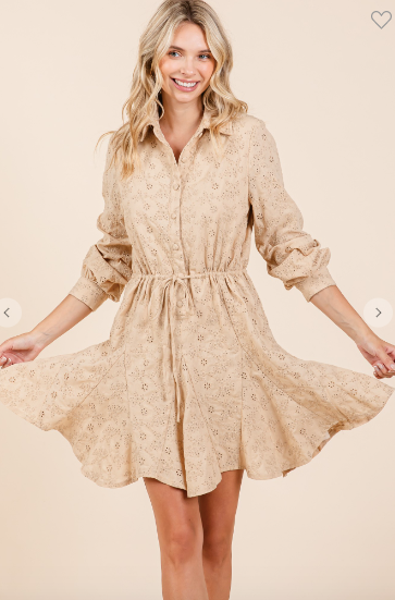 Long Sleeve Khaki Eyelet Embroidered  Shirt Mini Dress