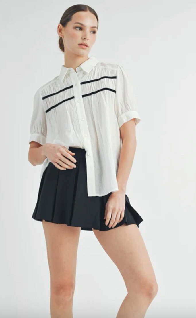 Black and White Classic Pleated Detail Striped Blouse – Classic Monroe ...