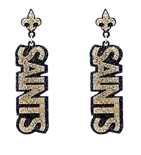 2.5" Black and Gold Glitter Post Saints Dangle Earrings