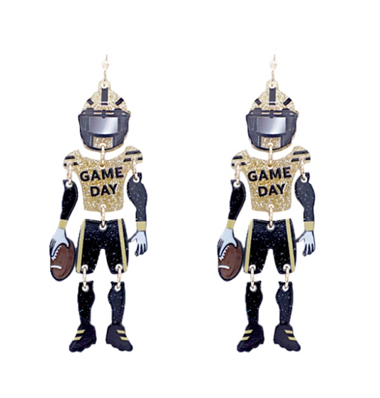 2.75" Game Day Black and Gold Football Player Dangle Earrings