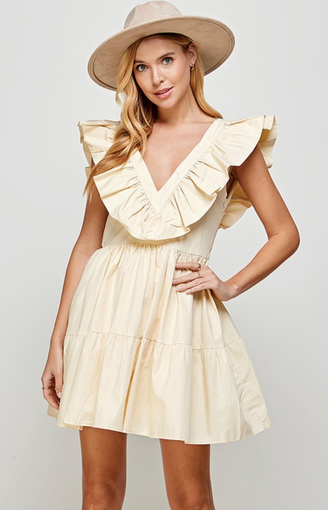Pale Yellow Cream Deep V-Neck Ruffle Dress with Open Bow Tie Back