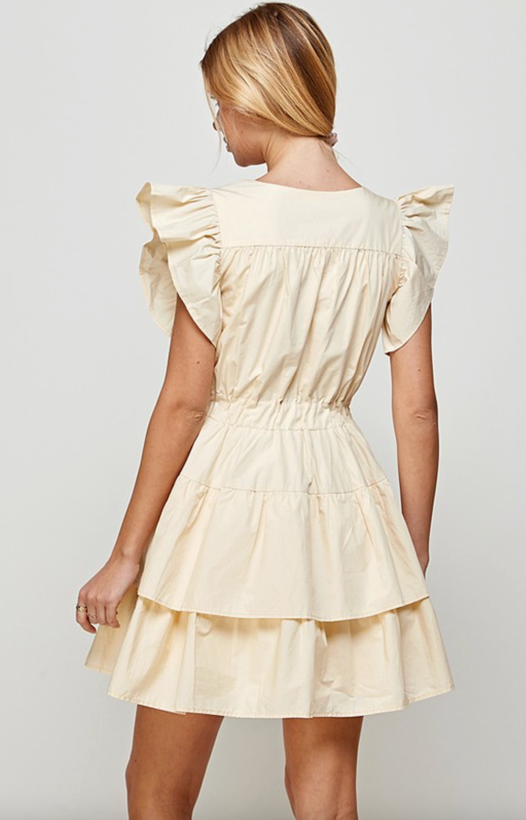 Pale Yellow Cream Deep V-Neck Tiered Dress with Frill Seeves
