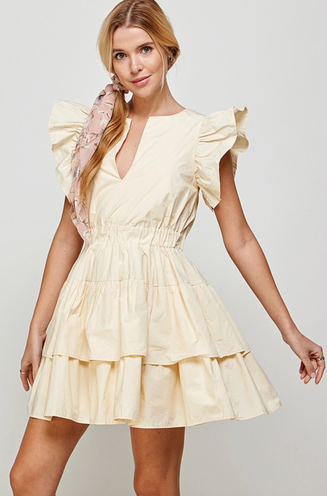 Pale Yellow Cream Deep V-Neck Tiered Dress with Frill Seeves