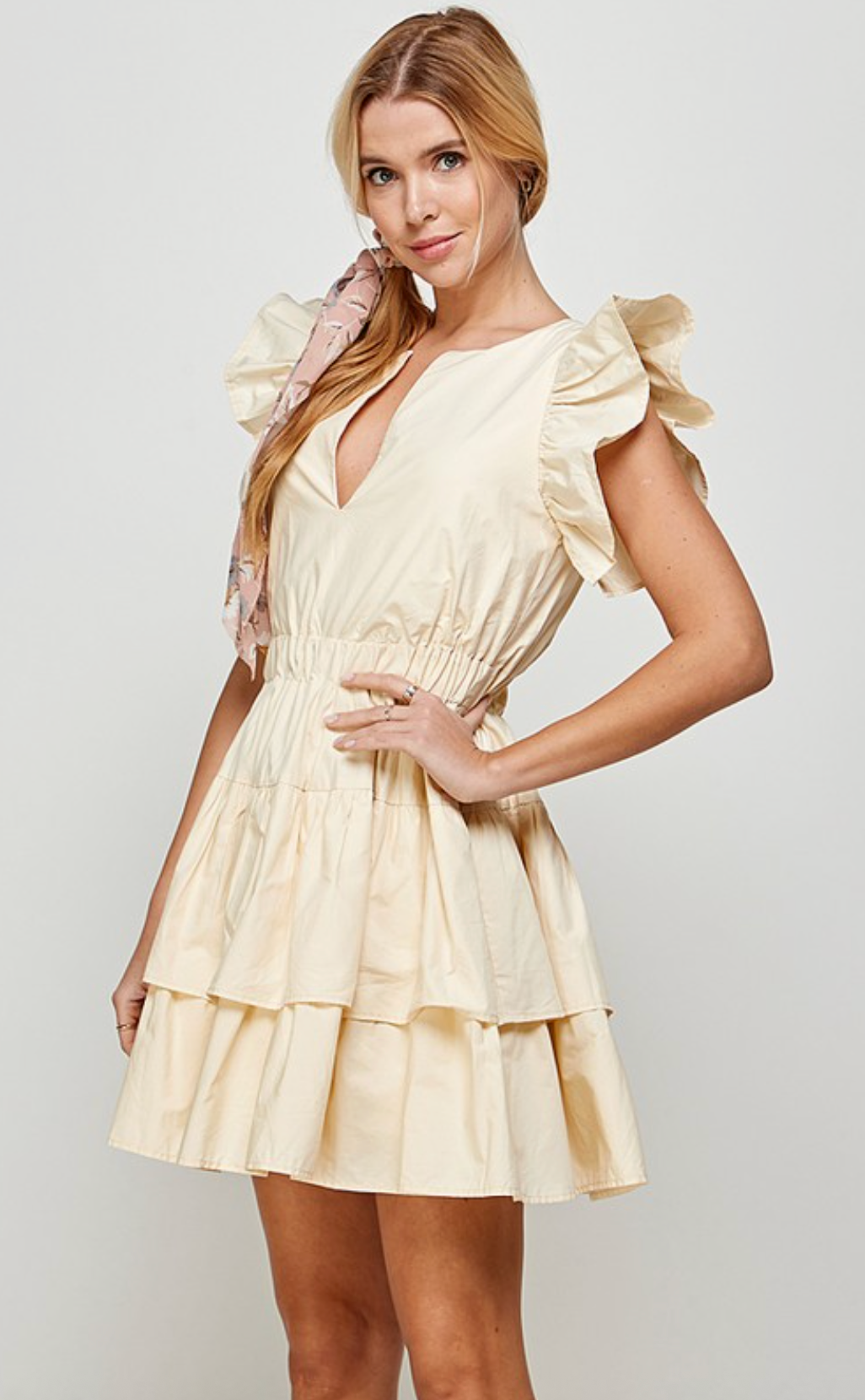 Pale Yellow Cream Deep V-Neck Tiered Dress with Frill Seeves
