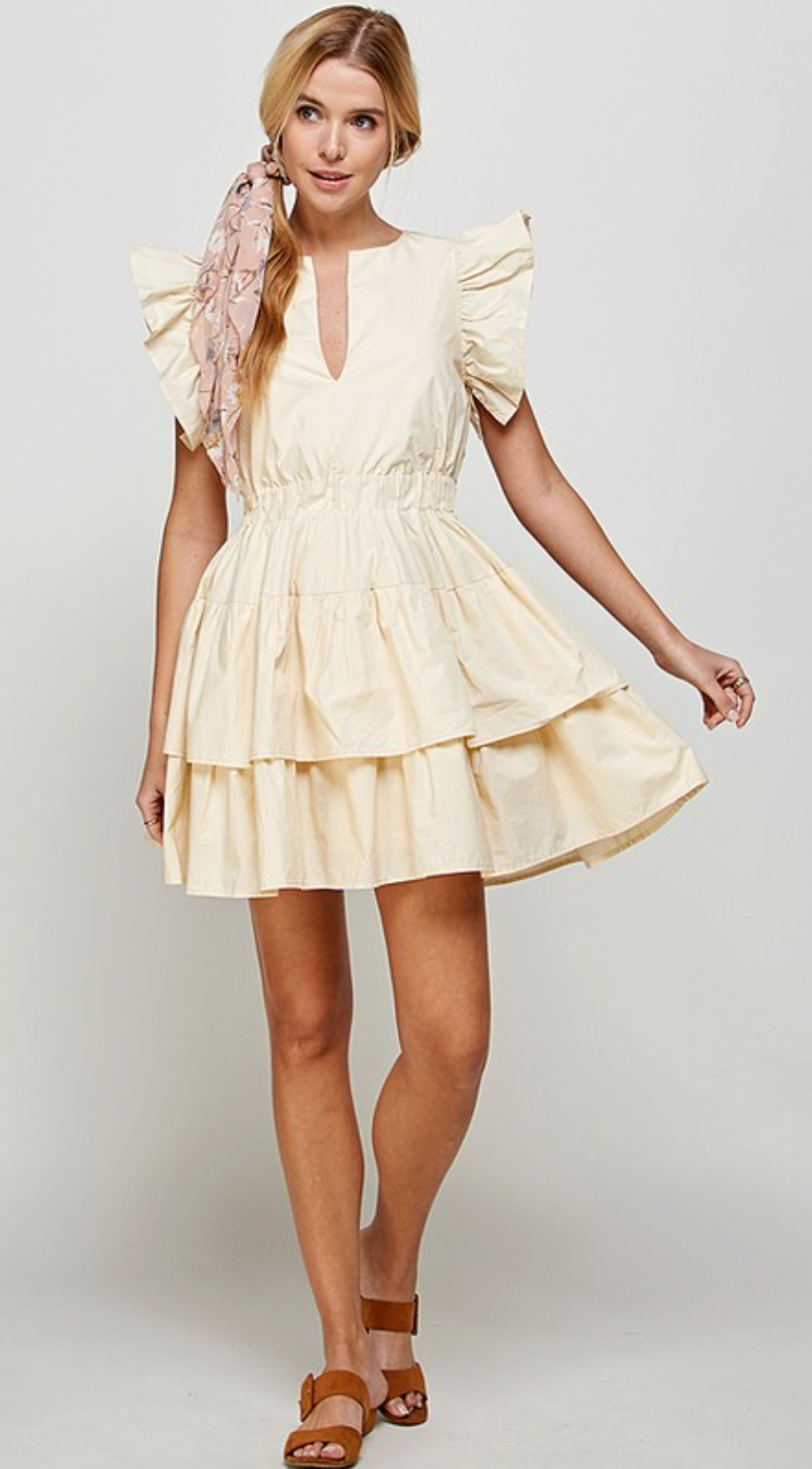 Pale Yellow Cream Deep V-Neck Tiered Dress with Frill Seeves