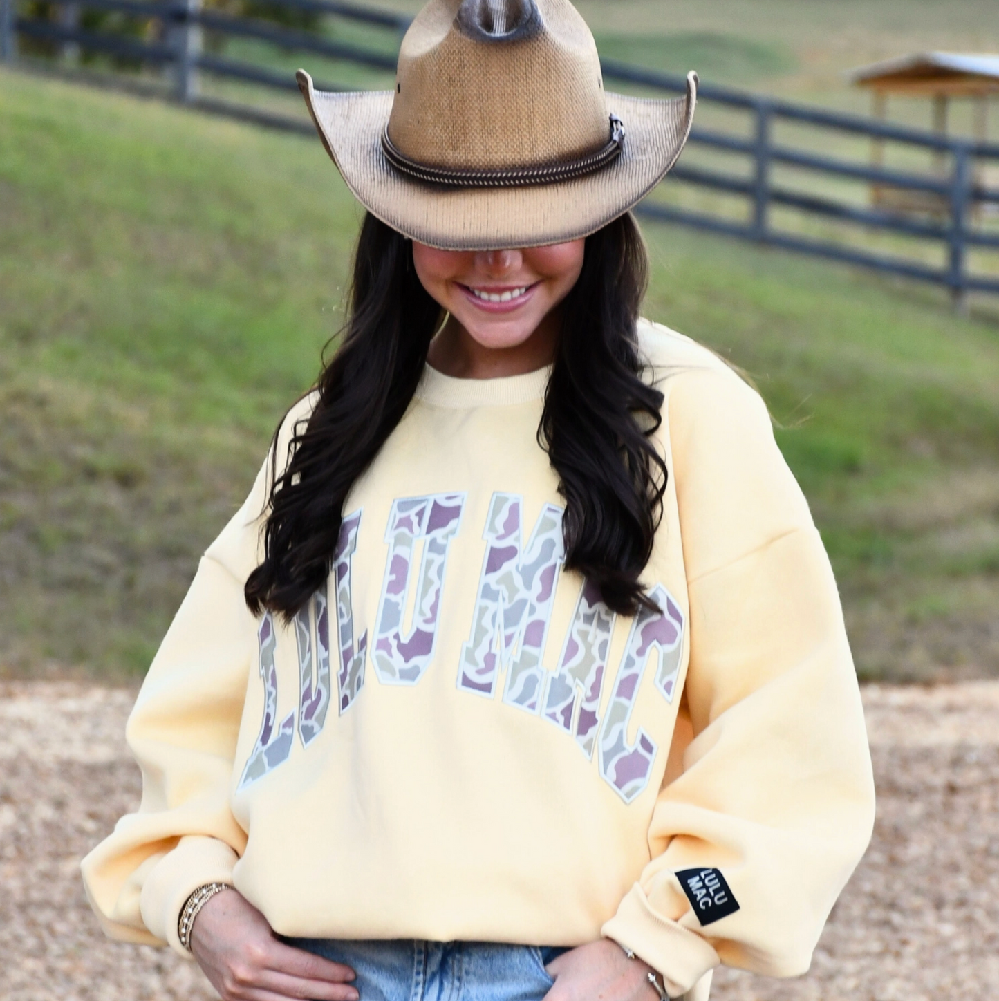 Butter Yellow Lulu Mac  Sweatshirt with Camouflage Print Lettering