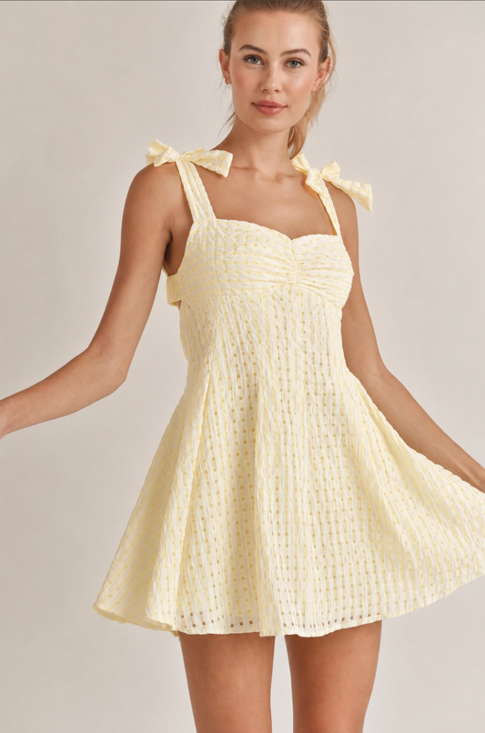Sweet Yellow Crinkle Gingham Mini Dress