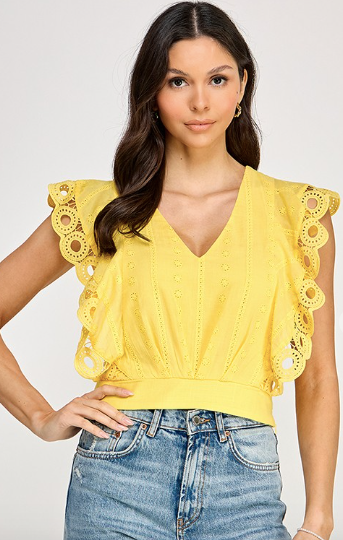 Yellow Eyelet Detail Ruffle Sleeve Top