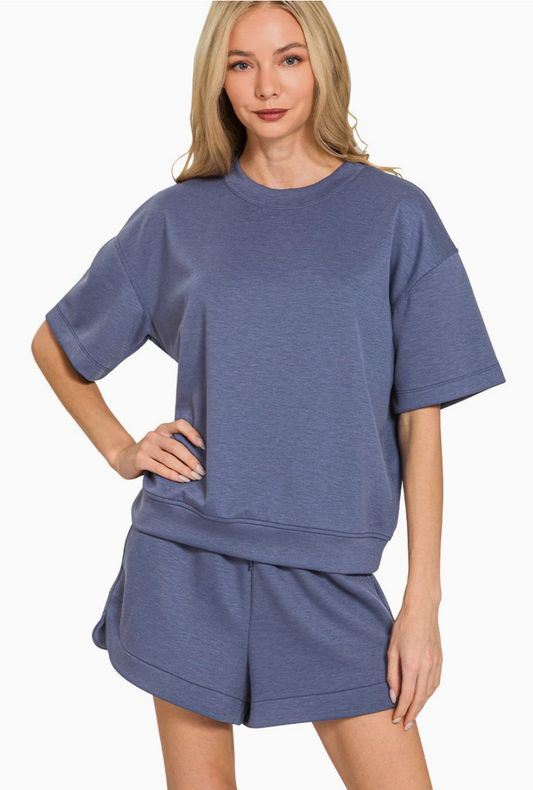 Zenana Blue Indigo Scuba Round Neck Top & Dolphin Shorts Set